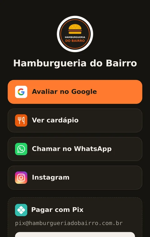 Página da loja no celular: botões para avaliar no Google, ver o cardápio, chamar no WhatsApp, Instagram e copiar a chave Pix