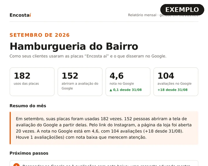 Exemplo do relatório mensal: usos das placas, aberturas da avaliação, nota e avaliações novas no Google